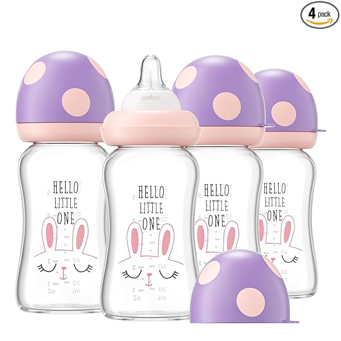 YOHKOH Natural Glass Baby Bottle with Level 1 Slow Flow Nipple, Newborn Anti-Colic Baby Bottles, Wide Neck Mushroom Baby Glass Bottle ((5.4oz (Pack of 4), Purple)