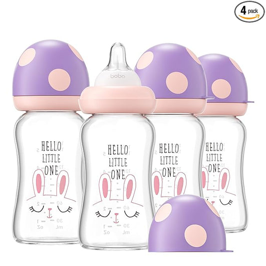 YOHKOH Natural Glass Baby Bottle with Level 1 Slow Flow Nipple, Newborn Anti-Colic Baby Bottles, Wide Neck Mushroom Baby Glass Bottle ((5.4oz (Pack of 4), Purple)