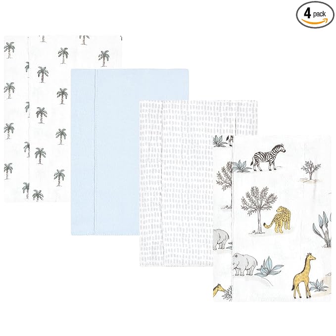 Hudson Baby Unisex Baby Cotton Flannel Burp Cloths 4-Pack, Boy Safari World, One Size