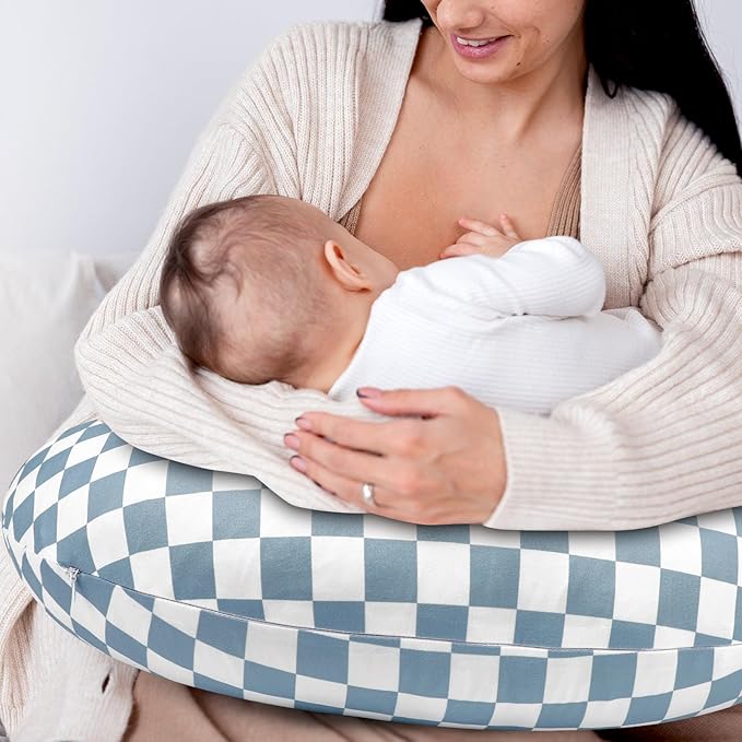 DILIMI Nursing Pillow Cover, Stretchy Removable Case for Breastfeeding Pillows, Ultra Soft Comfortable Slipcover for Baby Girl and Boy, Blue Checkerboard
