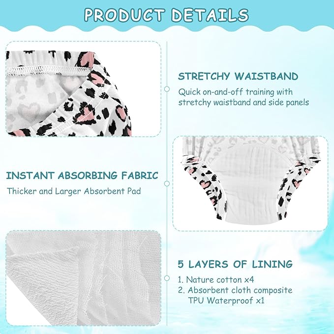 Bolaz Toddler Training Pants, Leopard Print Pink Heart Cotton Potty Training Underwear for Baby Boy Girl 3-Pack