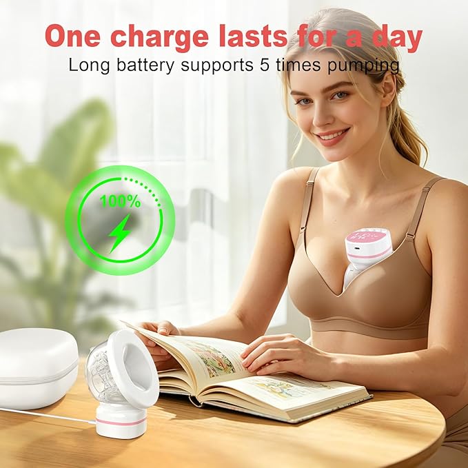 Wearable Double Electric in-Bra Breast Pump with Carry-on Storage Box, Quiet & Hands-Free Rechargeable, Pain-Free Portable 9 Speeds 3 Modes & Strong Suction Power, Painless, Timer and Memory Function