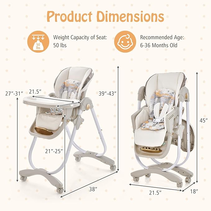 HOMGX Portable High Chair, Foldable Baby Feeding Chair with Adjustable Footrest & Backrest, Large Dishwasher-Safe Double Tray, Toddler Highchair for 6-36 Months, Grey