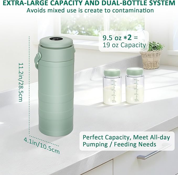 Portable Breast Milk Cooler for Outdoors & Work, 360° Total Cooling Keeps Milk Fresh for 24 Hours, 19oz Large Capacity Travel Breastmilk Chiller with Temp Display & 2pcs Bottle for Breastmilk Storage