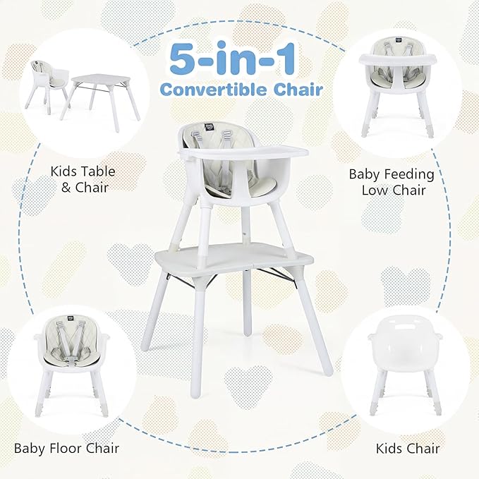 BABY JOY High Chair, 5 in 1 Convertible Highchair for Babies & Toddlers | Booster Seat | Table and Chair Set | Infant Feeding Chair with Removable Tray, Safety Harness, Removable Cushion (White)