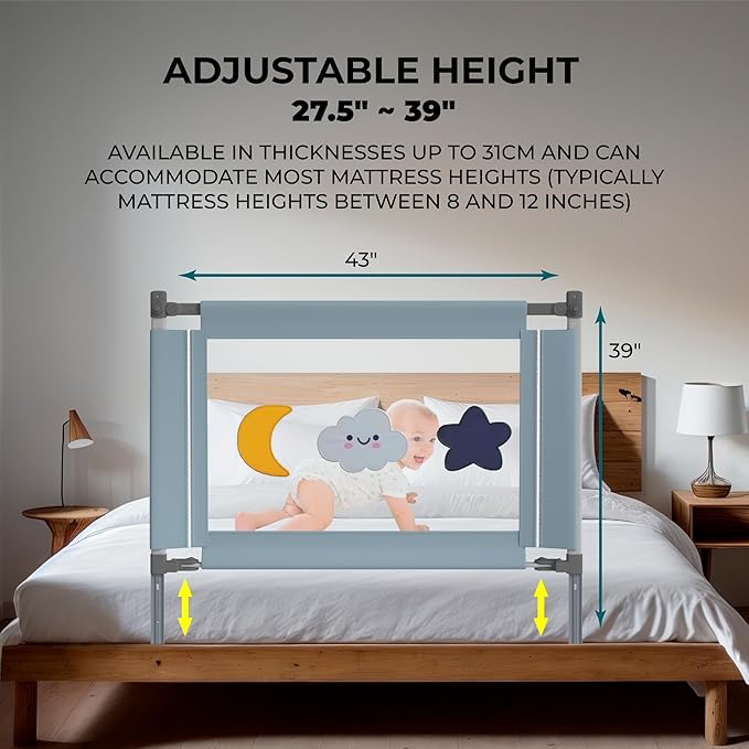 Bed rail for toddlers with adjustable high and foldable design for enhanced safety, Suitable for all mattress sizes toddler bed rails for cosleeping, Machine washable baby bed rail guard, Blue