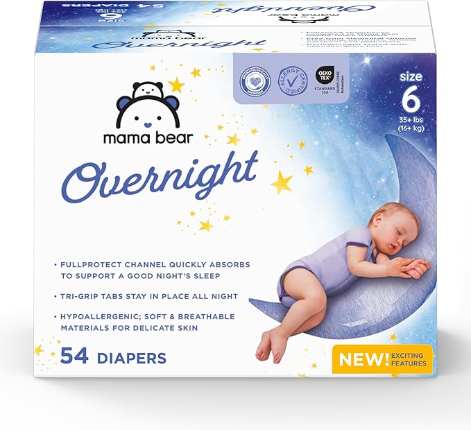 Amazon Brand - Mama Bear Overnight Baby Diapers with Leak Protection and Skin Protection, Fragrance-Free, Size 6, Hypoallergenic, Chlorine Free, Dermatologist Tested, 54 Count