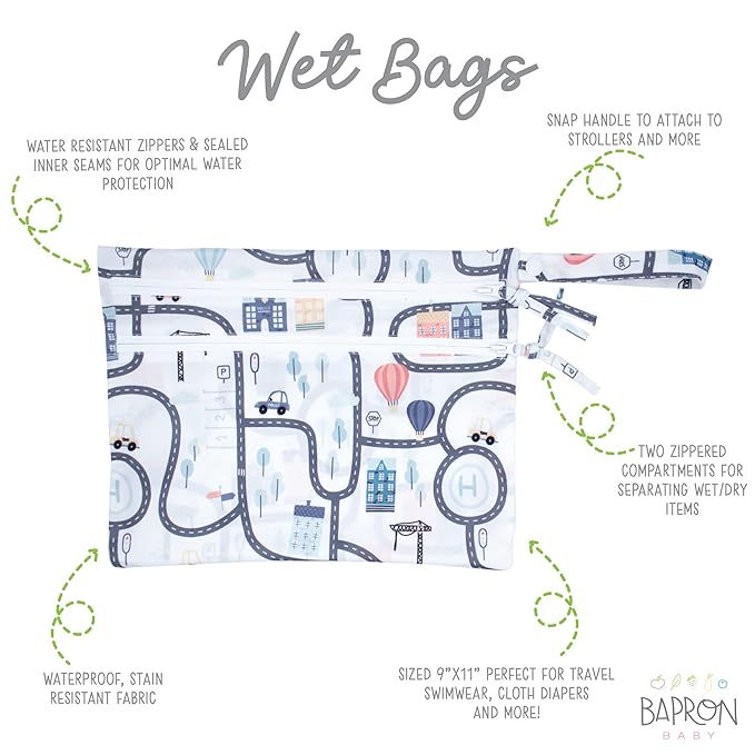 BapronBaby Tiny Town Wet Dry Bag - Waterproof Two Zipper Pockets - Reusable for Mealtime, Diapers, Stroller, Snacks, Swimsuits - Machine Washable - 11" x 9"