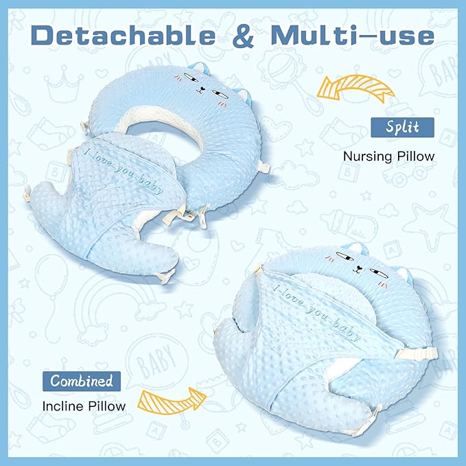 3-in-1 Multifunctional Breastfeeding Pillows, Baby Nursing Pillow with Sloped Design, Reflux Pillow for Baby, Newborn Babies Essentials Gifts (Blue)