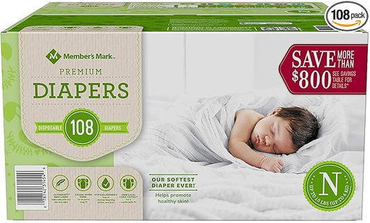Member's Mark Comfort Care Baby Diapers, Newborn Up to 10 Pounds (108 Count)