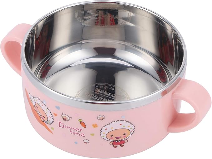 Zerodis 304 Stainless Steel Toddler Bowl with Double Layer Heat Insulation, Cartoon Design, Lid and Handles - Feeding Tableware