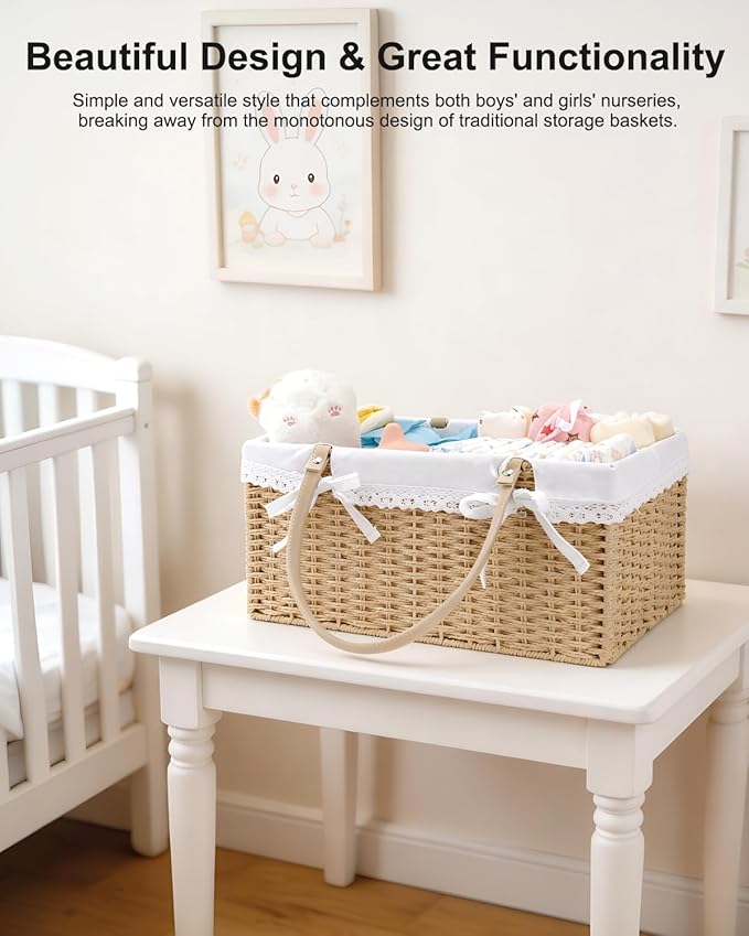 Large Baby Diaper Caddy Basket - Wicker Paper Rope Storage Baskets Portable Woven Car Organizer for Diapers With Cotton Divider Brown