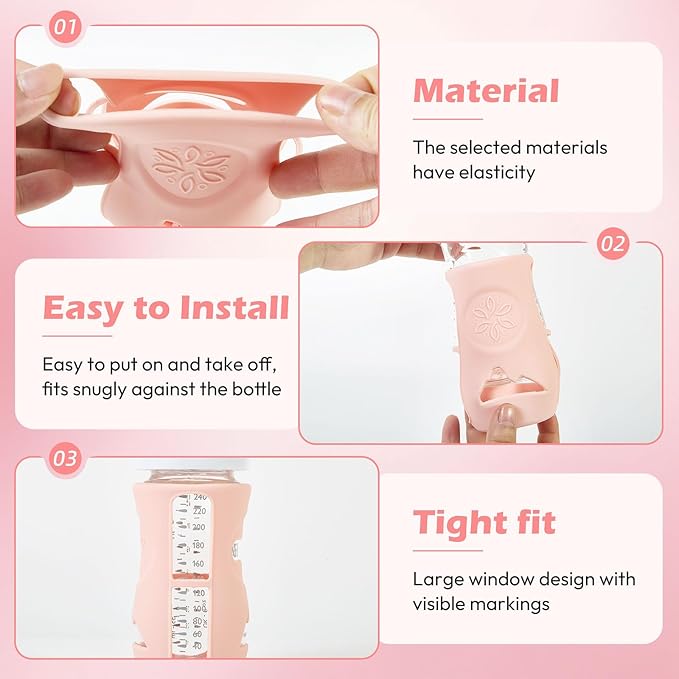 MINMUNJIU 3 Pack Silicone Sleeves for Philips Avent Natural Glass Baby Bottles, Anti Breakage Baby Bottle Holder for Baby Girls, Compatible with Philips Avent Glass Natural Baby Bottle, 8 oz
