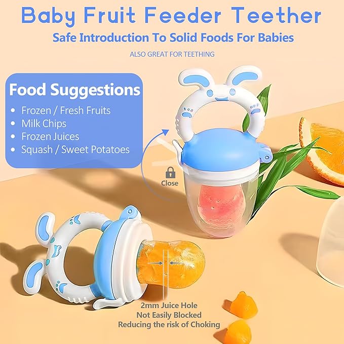 Baby Fruit Feeder Pacifier | 2 Infant Food Feeder Pacifier & 2 Baby Food Dispensing Spoon | Fresh Fruit Teethers for Babies | Silicone Feeder Babies,Infant Teething Feeders (Blue-Rabbit)