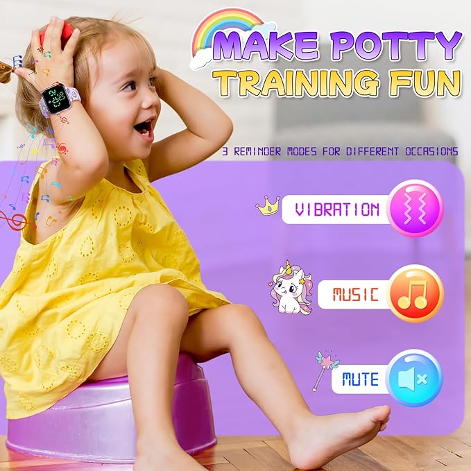 Toddler Potty Training Watch: Music & Light Reminders Water Resistant Potty Watches for Kids Adjustable Volume Countdown Timer Rechargeable Unicorn Digital Toddler Watch for Girls (Purple)