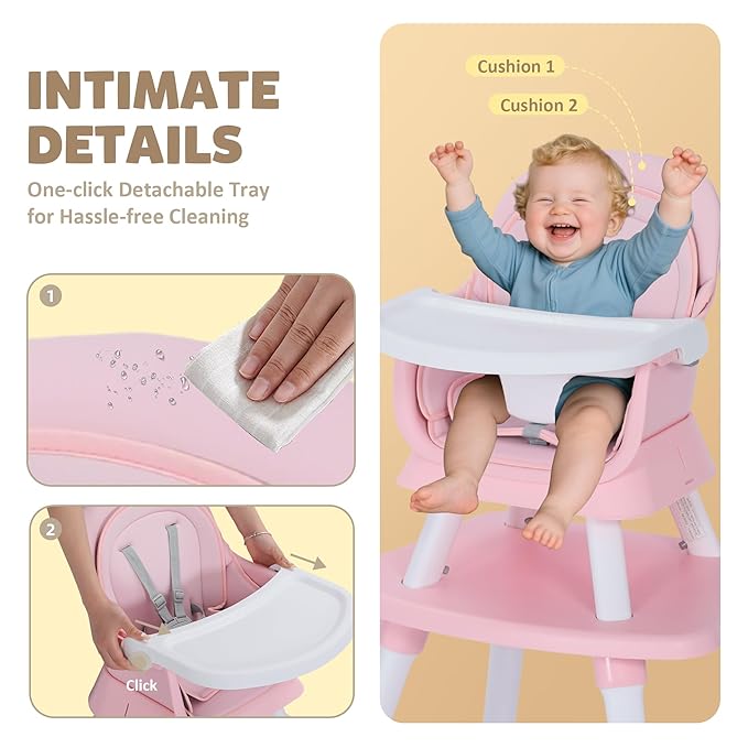TODEFULL Baby High Chair, 8 in 1 Convertible Highchairs for Babies and Toddlers, Children Dining Booster Seat/Kids Building Block Table for Girls Boys, Baby Seat with Removable Tray,Pink & White