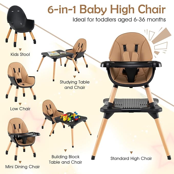GLACER High Chair, 6-in-1 Convertible Wooden High Chairs for Babies and Toddlers w/Building Block Table, 5-Point Safety Harness, Removable Tray, PU Cushioned Baby High Chair for 6-36 Months (Coffee)