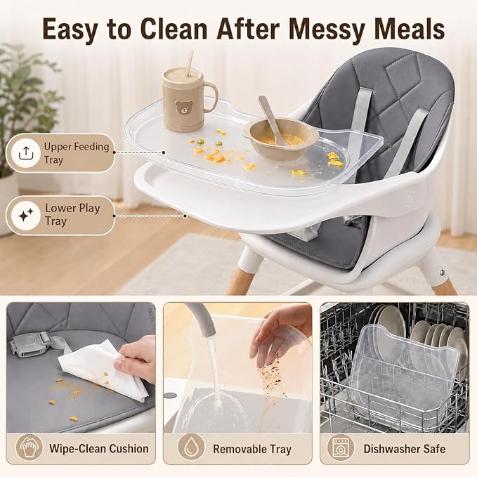 Baby High Chair, 6 in 1 Convertible High Chairs for Babies and Toddlers, Easy Clean Highchair with Removable Double Tray, 5-Point Harness, Reversible Footrest, Beech Wood Legs, Grey