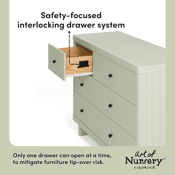 Storkcraft Kyoto 6 Drawer Dresser (Sage) - GREENGUARD Gold Certified, Nursery & Kids' Bedroom, Safety Interlocking Drawer System, & Easy Assembly with Pre-Installed Tracks