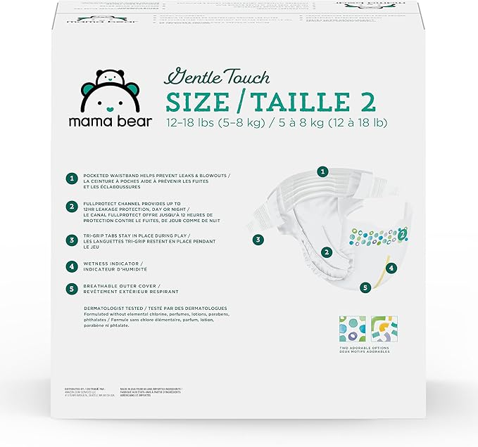 Amazon Brand - Mama Bear Gentle Touch Baby Diapers, Size 2, 184 Count (4 packs of 46), Leak Protection, Wetness Indicator, Formulated Without Fragrance