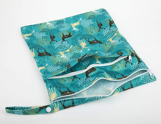 2 Wet Bags Reusable Diaper Nappy Waterproof With Two Zippered Pockets (Baby Fox and Regal Deer)