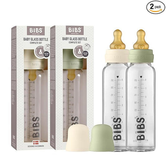 Bibs Baby Glass Bottle | Anti-Colic Borosilicate Glass Bottles | Natural Vented Round Natural Rubber Latex Nipple | Consistent Flow Rate | 7.6 oz/225 ml | 2 Pack | Ivory/Sage