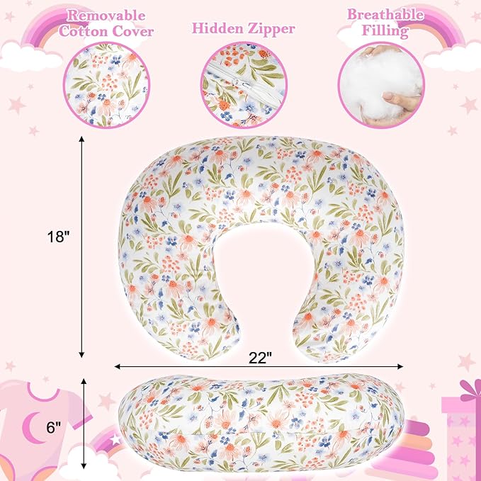 Nursing Pillow - Breastfeeding Pillow with Breathable Filling & Removable Cover, Ergonomic Support for Breastfeeding & Bottle (Green Leaf,0-12 Months)