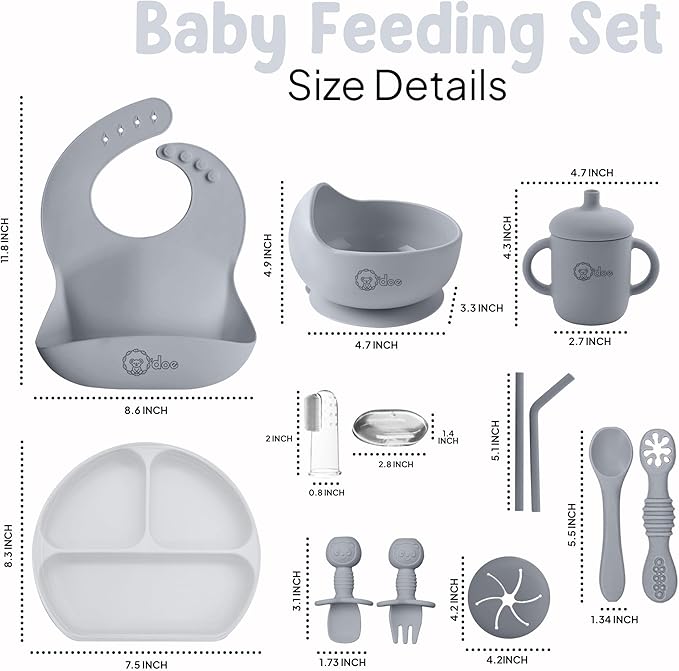 O'doe 11-Piece BPA-Free Silicone Baby Feeding Set | Thick & Soft Suction Plates, Baby Bowls, Wooden Fork & Spoon, and More | Make Mealtime Fun and Easy for Your Little One (Grey, V1)