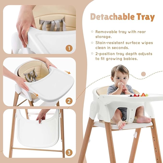 Convertible High Chairs for Babies & Toddlers. 5-in-1 Adjustable High Chair with Removable Tray, Easy to Clean, Portable (Khaki)