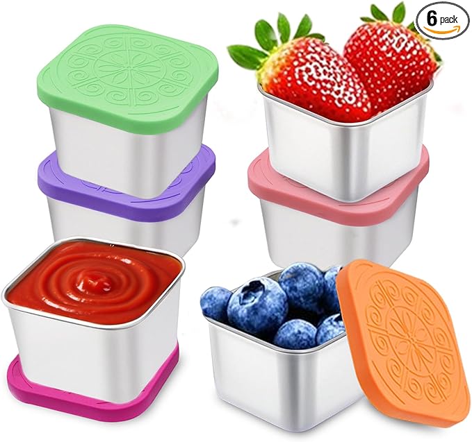 304 Premium Stainless Steel Snack Containers with Silicone Lids, Snackle Box Containers, Easy-Open Leak-Proof Kids for Taking Out for a Picnic, Lunch Box and Travel. (All-6, 2 OZ)