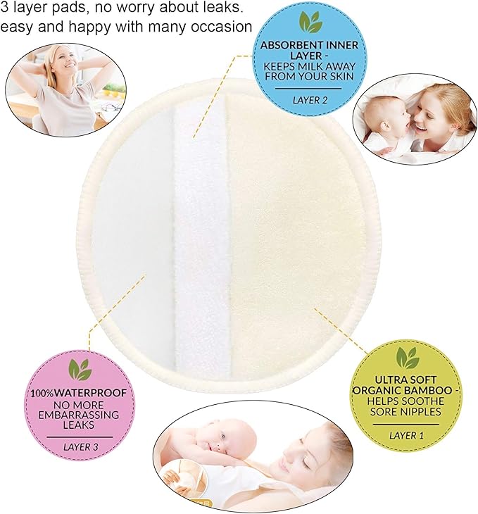 Pinowu Nursing Breast Pads with Laundry Bag (12pcs) - Contoured Breastfeeding Nipple Pad (Pastel Touch, 4.5 inch)