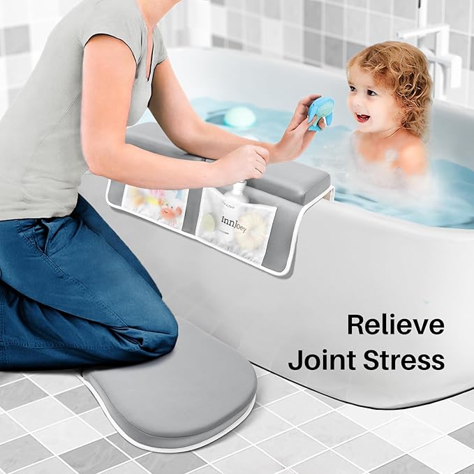 Bath Kneeler and Elbow Rest Pad Set, 1.6'' Extra Thick Bath Support for Knees and Elbows, Memory Foam Bath Mat with Toy Organizer Pockets, Quick-Dry Kneeling Pad for Bathing Grey