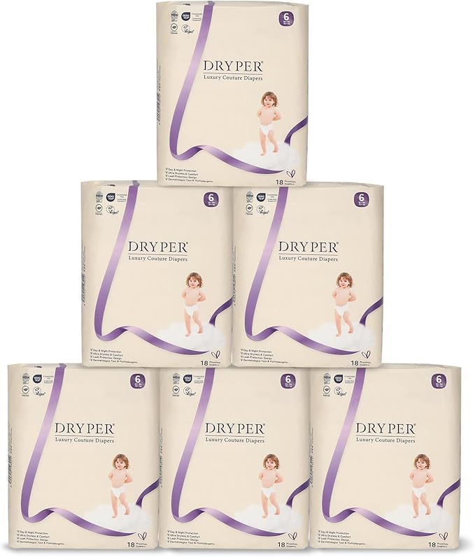 Baby Diapers, DRYPER Disposable Diaper, Size 6 Diapers (35+ lbs), 3D Leak Guards & Wetness Indicator, Ultra-Soft & Thin, Fast Water Absorption Nappies, 108 Count