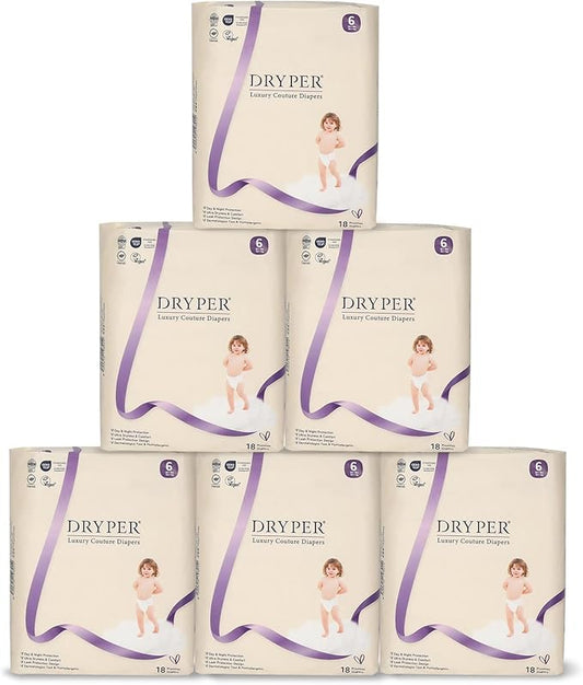 Baby Diapers, DRYPER Disposable Diaper, Size 6 Diapers (35+ lbs), 3D Leak Guards & Wetness Indicator, Ultra-Soft & Thin, Fast Water Absorption Nappies, 108 Count