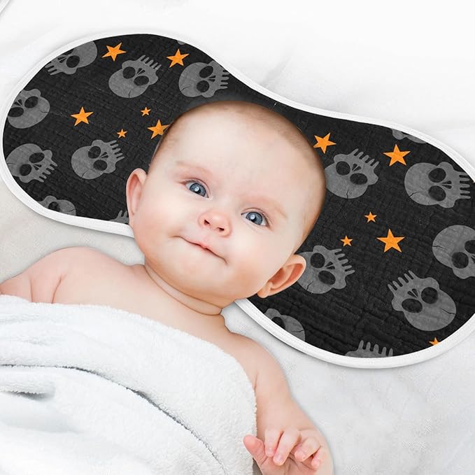 Halloween Skull Muslin Burp Cloths for Baby Boys and Girls - 2-Pack Ultra Absorbent Muslin Washcloths, Newborn Towel, Milk Spit Up Rags, Burp Cloth Bibs for Unisex, 22 x 11 Inch