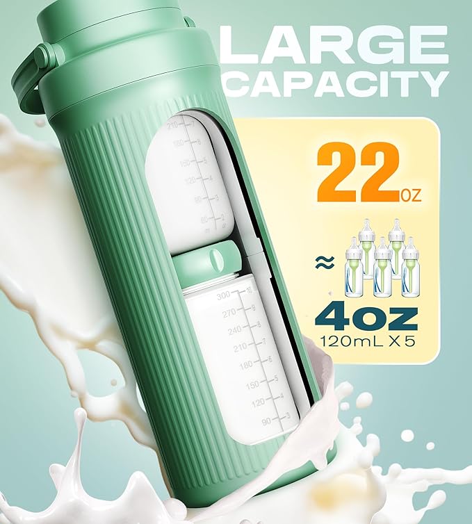 22oz Breast Milk Cooler Bottle for Travel & Outdoor Use, Portable Breastmilk Chiller with 24-Hour 360° Cooling, Larger Capacity with 2 Baby Bottles for Breast Milk Storage