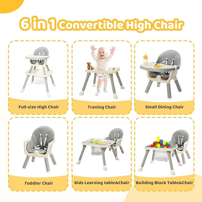 JOYMOR 7 in 1 Convertible Baby High Chair for Babies and Toddlers, Table and Chair Set, Infant Eating Highchair with Leather Seat Cushion