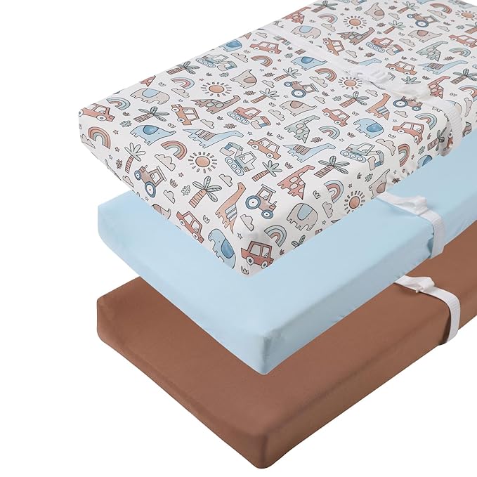 Changing Pad Cover Set 3 Pack Jersey Knit Ultra Soft for Baby Boys Girls Light Blue/Brown/Car