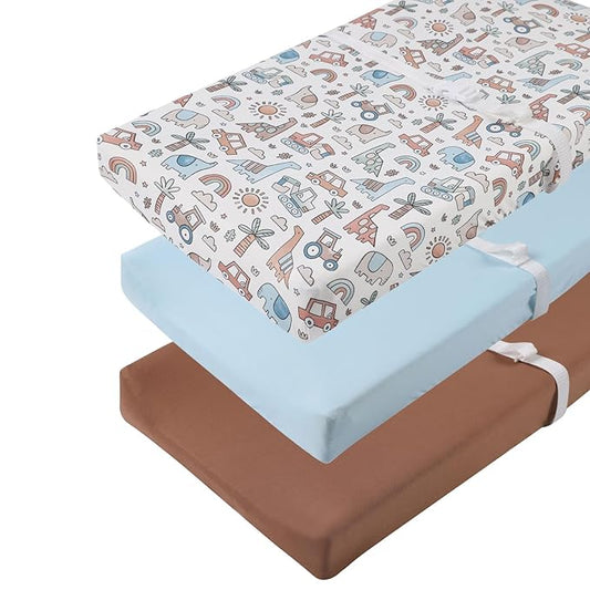 Changing Pad Cover Set 3 Pack Jersey Knit Ultra Soft for Baby Boys Girls Light Blue/Brown/Car