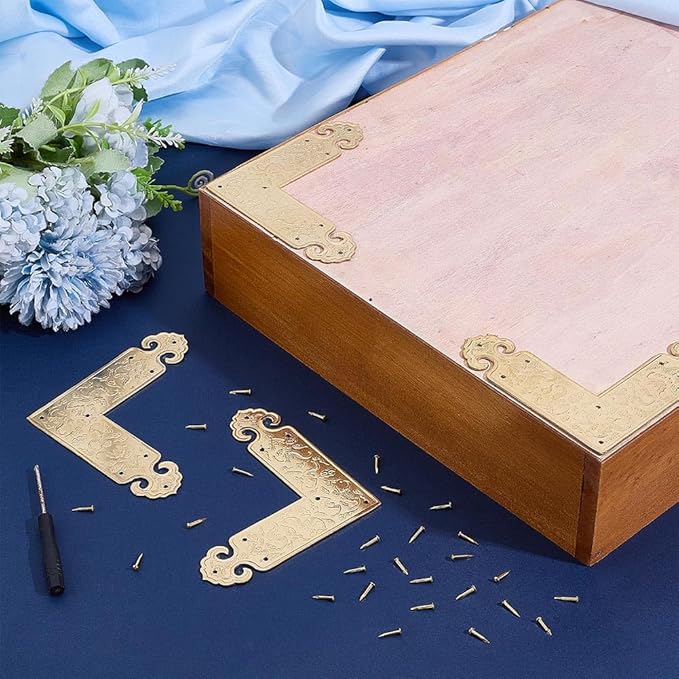 PH PandaHall 4pcs Embossing Decorative Corner Protectors 3.5x3.5inch L-Shape Guard Edge Cover Gold Flat Trim with Screws for Classical Furniture Tables Box Cabinet Chairs Cabinet Jewellery Boxes Cases