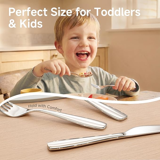 KINGSTONE Kids Silverware Set 3 Pieces, 18/10 Stainless Steel Kids Utensils, Children Safe Fork, Spoon & Knife, Food-Grade, Mirror Polished, Dishwasher Safe for Daily Use