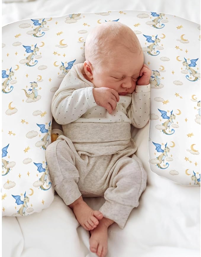 Fantasy Dragon Baby Nursing Pillow Covers for Boy Girl Fairytale Dragons Moon Stars Clouds Trees Nursery Pillowcase for Breastfeeding Pillows Myth Animal Soft Stretchy Slipcover for Newborn Infant