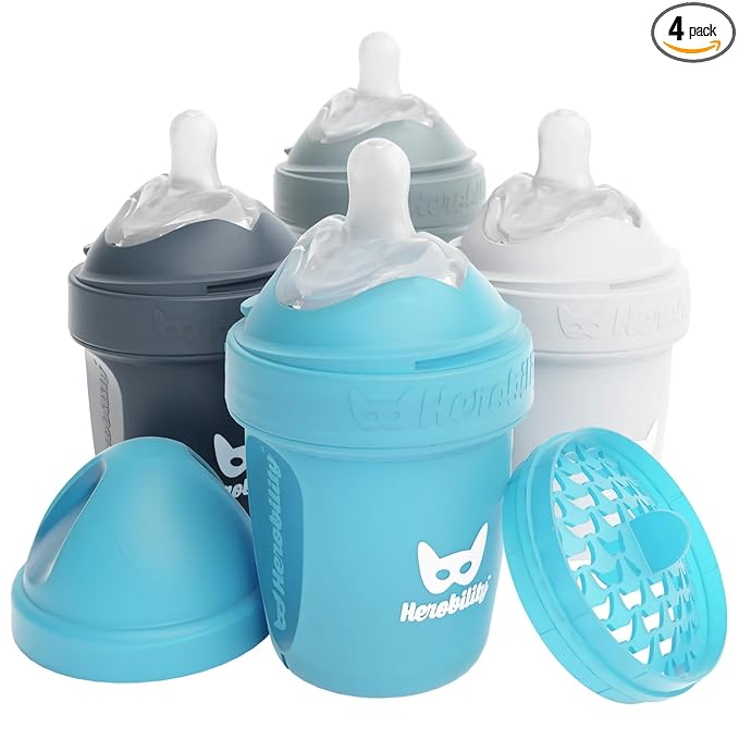 Herobility Anti-Colic Baby Bottles 5 oz /140 ml – Pack of 4 Newborn Baby Bottles, Slow Flow Plastic Bottles, Breast-Shaped Teat for Breastfed Babies - Multicolor - White, Gray, Iron Blue, Blue