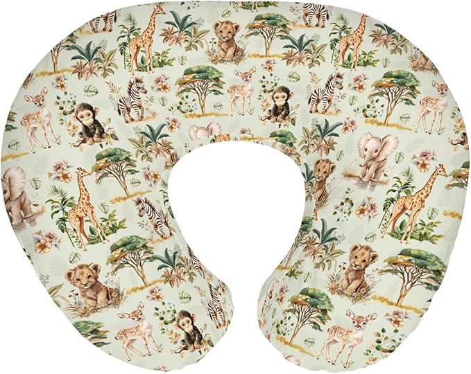Safari Jungle Animals Baby Nursing Pillow Covers for Boy Girl Lion Zebra Monkey Giraffe Elephant Trees Nursing Slipcovers for Breastfeeding Pillows African Animal Soft Stretchy Cover for Newborn