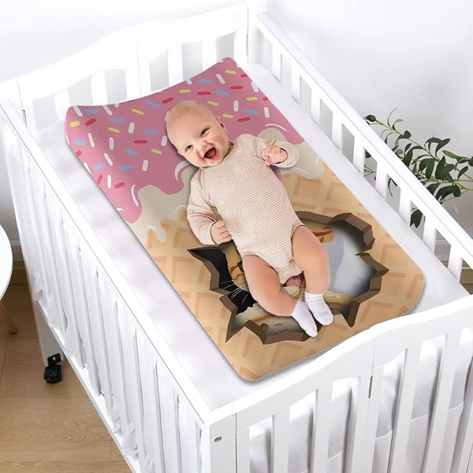 Cat Ice-Cream Changing Table Cover Breathable Stretchy Nursery Pad Change Cover Soft Changing Pad Cover for Boys Girls Fit 32"x16" Contoured Pad