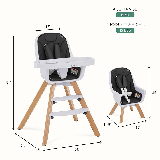 Evolur Zoodle 2-in-1 High Chair for Baby & Toddler – Convertible High Chair to Toddler Chair, Padded Seat, 5-Point Safety Harness, Dual Dishwasher-Safe Trays, Solid Beechwood Legs – Black