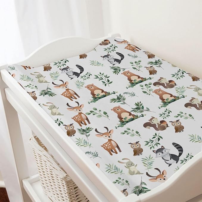 Cute Animals Boho Leaves Baby Changing Pad Covers Cute Bear Deer Owl Bunny Raccoon Squirrel Change Table Cover for Boys Girls Soft Stretch Fitted Diaper Changing Mat Sheets 32''x16''