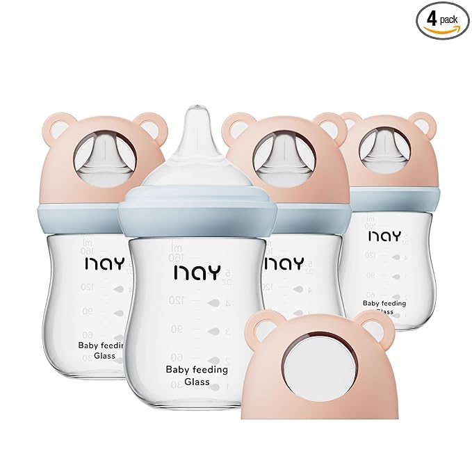 yanyoyo Natural Glass Baby Bottle for Breastfeeding Babies, 5.4oz Anti-Colic Baby Bottle with Natural Response Nipple(S), Clear, Wide Neck, 4 Pack, 1 Months+