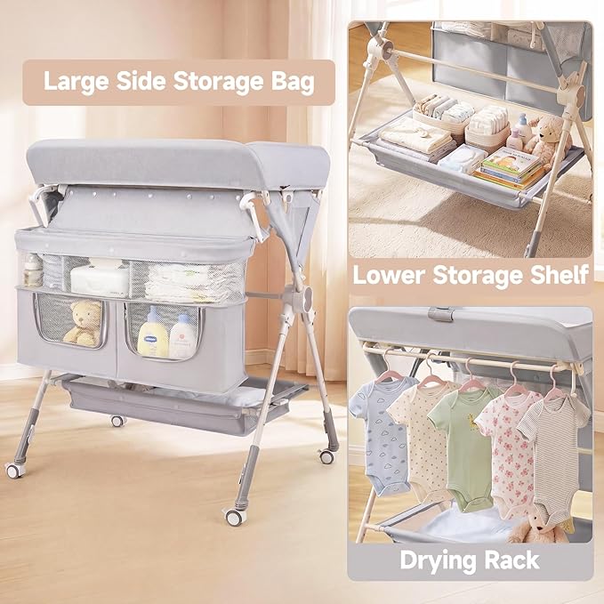 INFANS Portable Baby Changing Table with Wheels, Foldable Diaper Changing Station with Adjustable Heights, Large Organizer Storage for Newborn Infant (Light Gray)