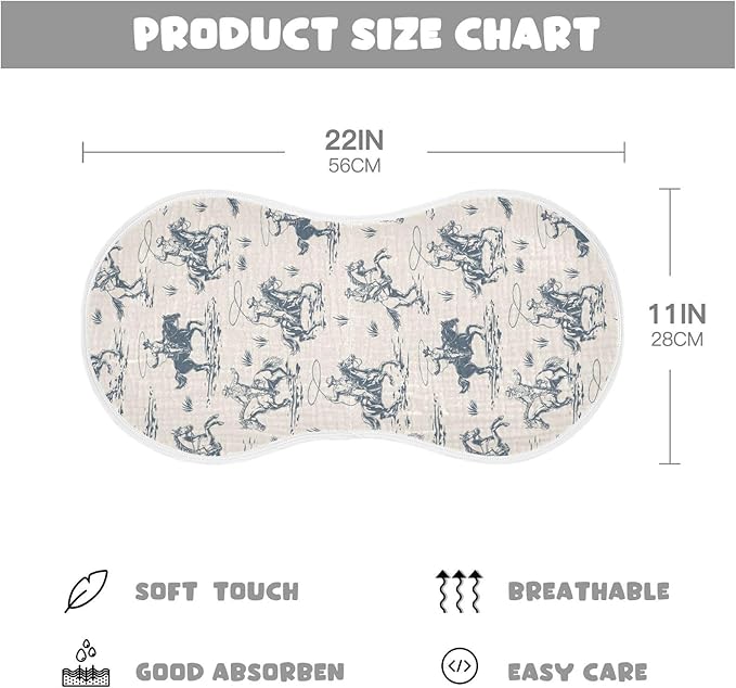 Muslin Burp Cloths for Baby Boys and Girls - 2-Pack Ultra Absorbent Western Cowboy Muslin Washcloths, Newborn Towel, Milk Spit Up Rags, Burp Cloth Bibs for Unisex, 22 x 11 Inch